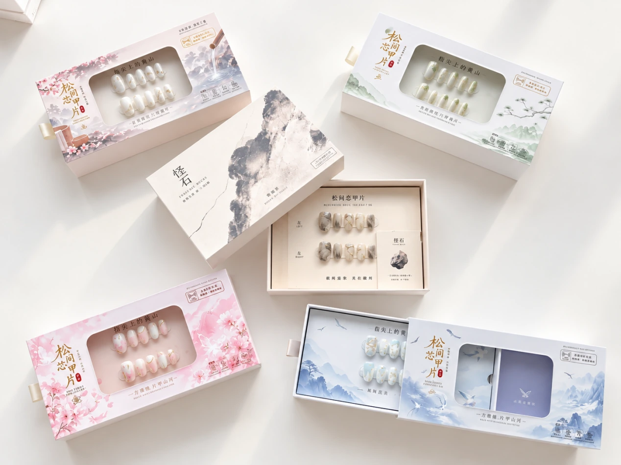 松间芯甲片系列包装，呈现山石、松绿、云海与杜鹃等自然意象